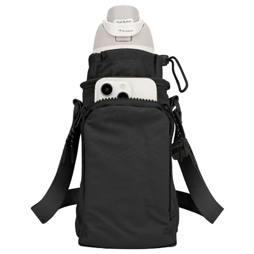 Linkidea Water Bottle Carrier with Strap Compatible with Owala FreeSip 24oz/32oz, Iron Flask Wide Mouth 32oz, Waterbottle Sling Bag Holder, Shoulder Strap with Phone Pocket (Black) - color: Black