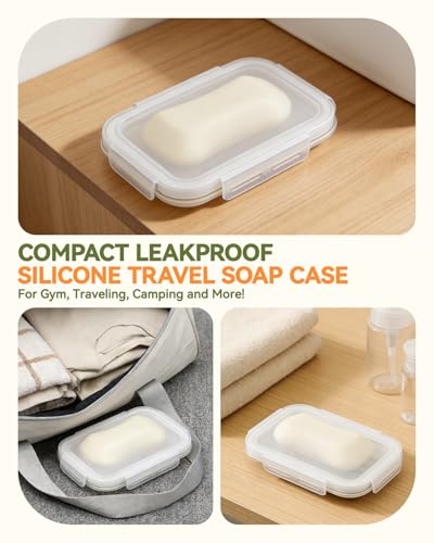 Compact Leakproof Silicone Travel Soap Case, Compressible Bar Soap Holder for Travel with Clear Design, Portable Soap Container for Gym, Camping & Home
