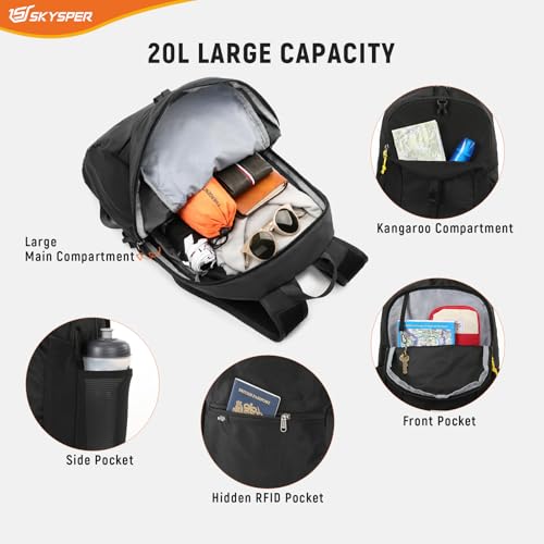 SKYSPER Small Packable Hiking Backpack 20L Anti-theift Travel Daypack | RFID Ultralight Foldable Walking Backpack with Water Bottle Holder, Nylon, Multi-compartment, Everyday Carry for Men Women - color: Black