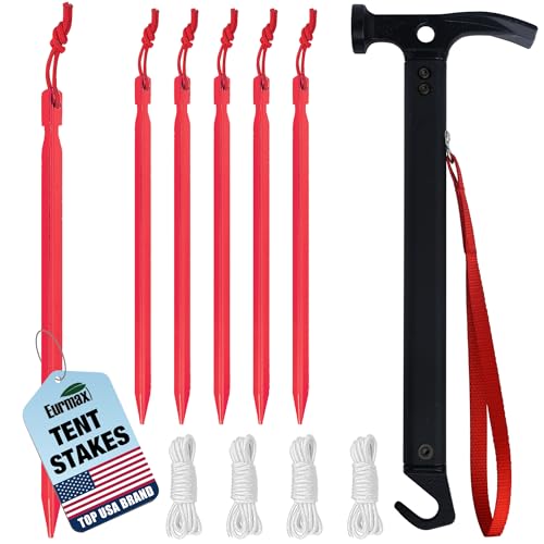 Eurmax USA Hiking Camping Tent Stakes and Hammer Set Lightweight Multi-Function Tent Hammer with Tent Stake Remover,Tent Pegs for Camping, Hiking, Backpacking, Gardening(Red Stakes) - color: red, style: Stakes&Hammer