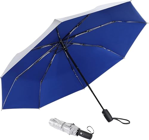 Prospo 46 Inch UPF 50+ UV Protection Umbrella for Sun & Rain | Compact Travel Umbrella Lightweight , Waterproof, Auto Open/Close, Large Coverage Sun Blocking for Women Men - color: Silver/Blue