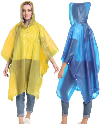 Reusable Rain Ponchos with Drawstring Hood for Adults, Waterproof Thicken Rain Coat, 2 Packs - color: Blue Yellow (2-pack)