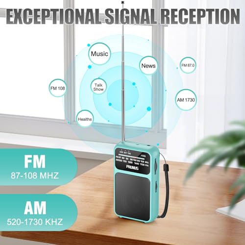 PRUNUS J-555 Pocket Radio AM FM USB-C Charging& Battery Operated, Back Clip - color: Blue