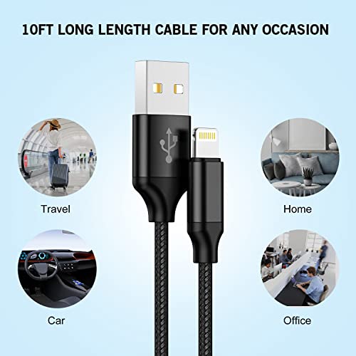 iPhone Charger 10ft,Fast iPhone Block Dual 2Port USB Wall Charge Block Plug | Adapter Plug 2Pack & Long 10foot Fast Charging Nylon Braided Lightning Cable Cord for iPhone 14/13/12/11/XS/XR/8 Plus/SE iPad - color: Black 10FT A-L