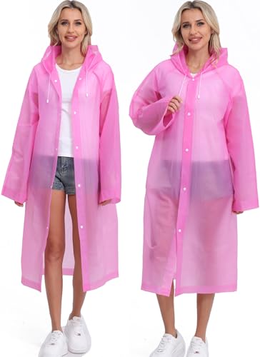 2-Pack Reusable Rain Ponchos for Adults, HOOMBOOM Raincoats Emergency for Women/Men with Drawstring and Sleeves - color: Pink