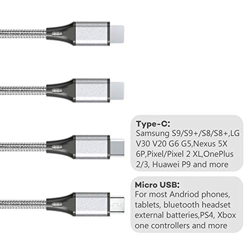 Multi Charging Cable, USB Cable 3A 4FT Nylon Braided Universal 4in1 Charger Adapter Type-C/Micro Port, Compatible with Cell Phones and More (Silver, 2Pack)