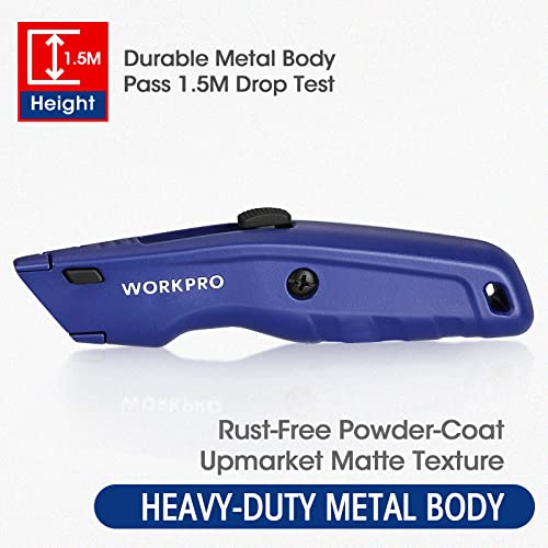 WORKPRO Premium Utility Knife, Retractable All Metal Heavy Duty Box Cutter, Quick Change Blade Razor Knife, with 10 Extra Blades, Set of 3 (Black, Red, Blue) - color: Multicolored