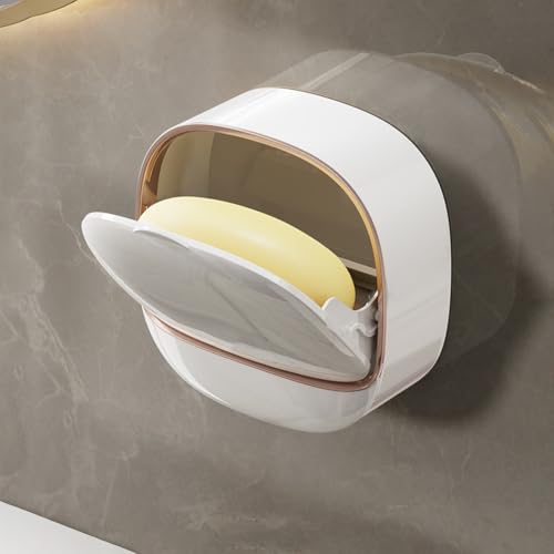 Flip Top Soap Holder with Drain – Wall Mounted, No Drill Self-Draining Soap Dish for Shower, Bathroom & Kitchen, Easy Install & Removable - White