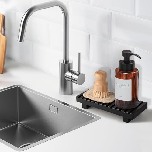 Bathroom Tray Rustic Farmhouse Decor Wood Stand, 8.6" * 3.6" Black | Waterproof, Lightweight, Easy Clean, Wood Riser Kitchen soap holder Accessories for Office Desk, Vanity, Counter, Sink - color: Black, size: 8.7" x 3.6" x 1.6"