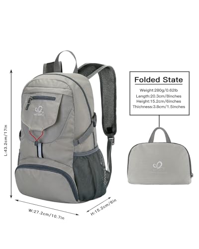 WATERFLY Small Lightweight Packable Backpack: 20l Hiking Daypack Man Woman | 20L,Recycled nylon material,Multi-compartment storage,Water-resistant,Everyday carry,Ultra Light Foldable Travel Day Pack - color: Grey3