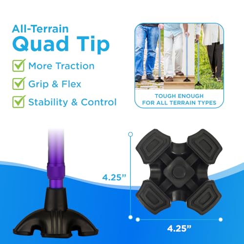 Nova Joy Designer Offset Quad Cane for Seniors - Unisex Adjustable Lightweight Walking Aid with Foam Handle, Wrist Strap and Anti-Rattle Lock - Essential Mobility Support - Purple - color: Purple