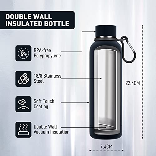 Exllena Slim Insulated Water Bottles for Travel 18oz with Clip, Double Wall Vacuum Stainless Steel Water Bottle Keeps Drinks Cold 24 Hrs/Hot 12 Hrs, 100% Leakproof, BPA Free(Black) - color: Black, size: 16.9 Ounces
