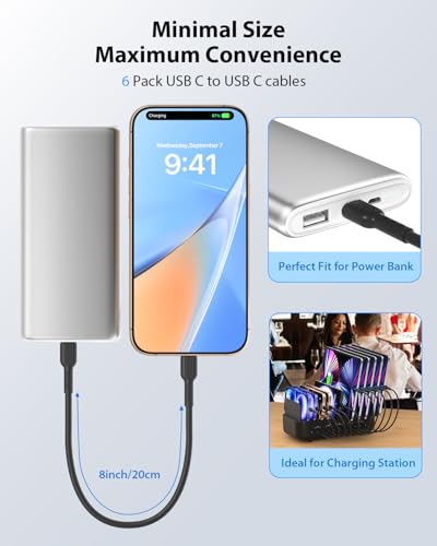 SOOPII 6-Pack Short USB C to USB C Cables,8 Inch/0.7Ft 60W Type C Fast Charging Cables,Compatible with lPhone,Galaxy,lPad,MacBook,Charging Station and Power Bank Accessory(Black) - color: Black, size: C to C-6P(60W)