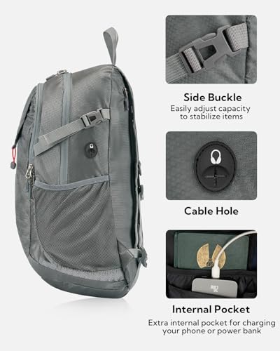WATERFLY Lightweight Packable Hiking Backpack, 30L Day Pack Grey | Foldable, Water Resistant Travel Daypack with Multiple Pockets, Wet Pocket, Ultralight Day Pack for Woman Man, Everyday Carry - color: Grey