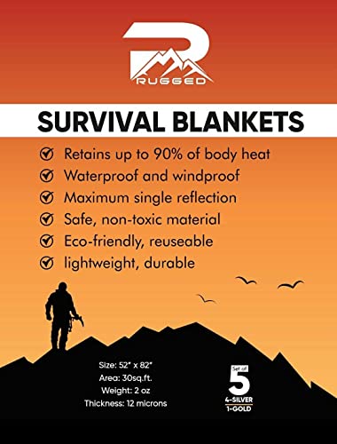Survival Blankets - Waterproof & Windproof Emergency Cover, Reflective Exterior - Helps Retain Body Heat - 12 Microns, Compact & Lightweight - 5-Pack, 4 Silver, 1 Gold - 52x82”, 2oz