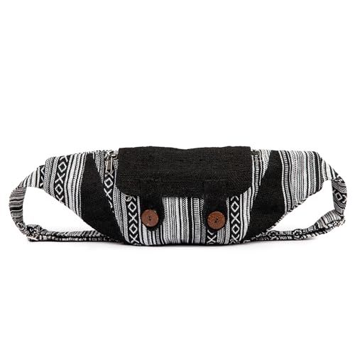 Freakmandu Eco-Friendly Boho Hippie Style Large Hemp Fanny Pack White Hip Waist Bag for Hiking Running Jogging - color: Black Mix