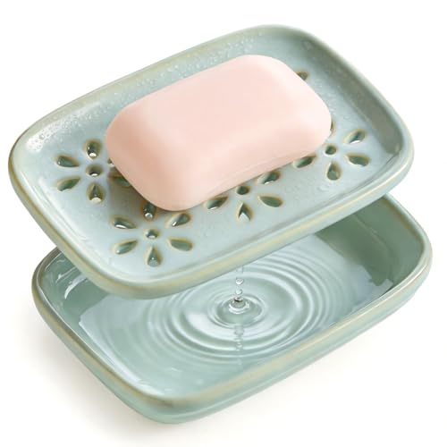 Miamolo Soap Dish for Shower with Drainage 2-Tier Bar Soap Holder Mess-Free | Ceramic, Removable Drip Tray, Large for 2 Bar Soaps Shampoo, Sponge, Bathroom Sink Counter | Easy Clean Dishwasher Safe, Blue - color: Blue