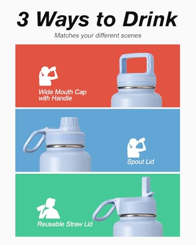 Coolflask 40 oz Water Bottle Insulated with Straw & 3 Leakproof Lids - color: Light Blue, size: 40 Ounces