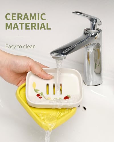 Ceramic Soap Dish, Handpainted Farmhouse Self Draining Soap Holder, Double Layer Bar Soap Holder with Floral Design, Decorative Soap Dish for Bathroom Shower Kitchen Sink, Keeps Soap Dry, ANTIS'S HOME - color: Yellow