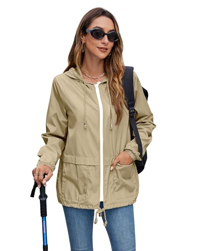 Hount Women Rain Jacket Lightweight Waterproof Packable Raincoat with Hood - color: Beige, size: XX-Large