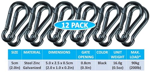 Black & Silver Zinc-Galvanized Heavy Duty Bushcraft Carabiner Spring Snap Clip Link Hooks 200-500lb Load 2, 6 & 12 Packs - color: 5cm (2.0in) Black 12 Pack
