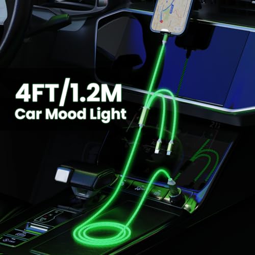 3-in-1 Light Up LED Flowing Lightning/Type C/Micro USB Car Glowing Charge Cable for iPhone,Green Multi RGB Car Charger Cord for Apple iPhone 15/14/13/12/11 Pro Max/XR/XS/SE,iPad/Android/Samsung-4FT - color: Green