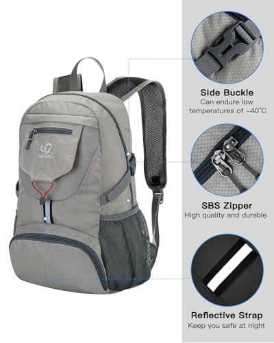 WATERFLY Small Lightweight Packable Backpack: 20l Hiking Daypack Man Woman | 20L,Recycled nylon material,Multi-compartment storage,Water-resistant,Everyday carry,Ultra Light Foldable Travel Day Pack - color: Grey3