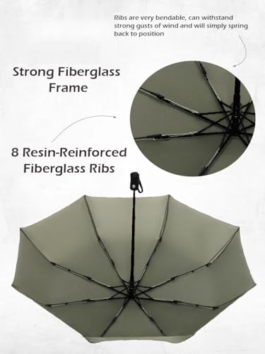 Windproof Travel Umbrella - Compact, Light, Full Automatic Open/Close - Folding Backpack Umbrella for Rain & Sun UV Preotection For Men & Women, Unbreakable 8 Fiberglass Ribs UK Design - color: Olive