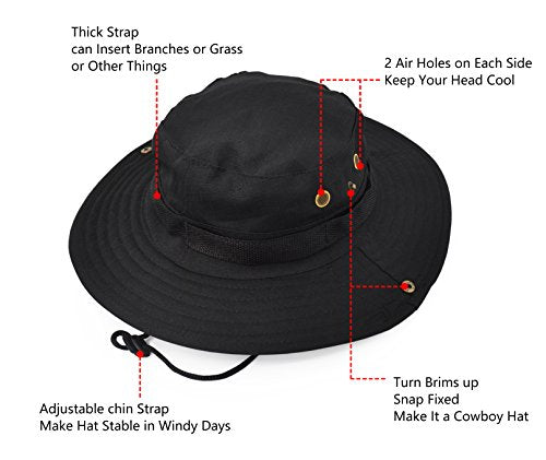 Outdoor Wide Brim Sun Protect Hat, Classic US Combat Army Style Bush Jungle Sun Cap for Fishing Hunting Camping - color: Black