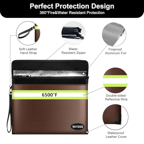 6500°F Fireproof Document Bag, Upgraded Fireproof/Waterproof Money Bag with Zipper/Reflective Strip,Storage Pouch for A4 Letter Size Document,Cash,Cell Phone,Passport - color: Brown, size: Large Size