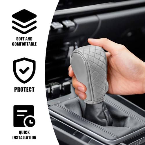 Leather Car Gear Shift Knob Cover, Car Shifter Cover, Anti-Slip Dust Waterproof Gear Shifter Stick Protector, Auto Automatic Shift Knob Handle Protector for Most Vehicles (Silver) - color: Silver