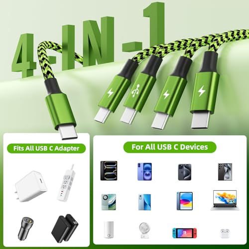 USB C Splitter Multi Charging Cable for Multiple Devices, 2Pack 5FT | USB C Phone Charger Cable with 4 Type-C Ports, 4 in 1 Charging Cord for iPhone 17 Galaxy S26 - color: Green&Black