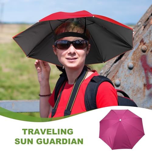 Umbrella Hat, Fishing Hat Hands Free Waterproof Adjustable Sun | Rain Cap Elastic Band Fit Camping - color: Rose Red
