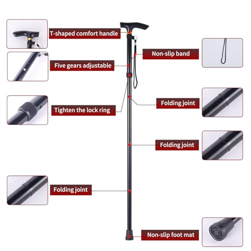 Folding Walking Cane for Seniors, 5-Level Adjustable Height Lightweight Aluminum Walking Stick with Ergonomic Handle, Portable Travel Cane with Anti-Slip Tip, Foldable Mobility Aid for Men Women - color: Silver