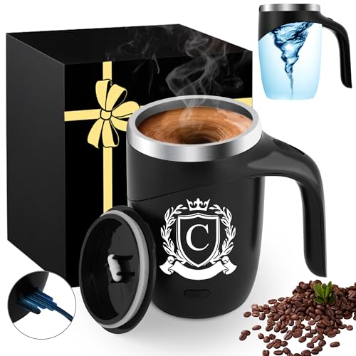 Initial Magnetic Stirring Coffee Mug Stainless Insulated Cup Men Him Boyfriend Bf Fiance Mr 1 Year First Anniversary Meaningful Unique Romantic Xmas Valentines Custom Day Personalized Initial Gift,C - style: Letter C