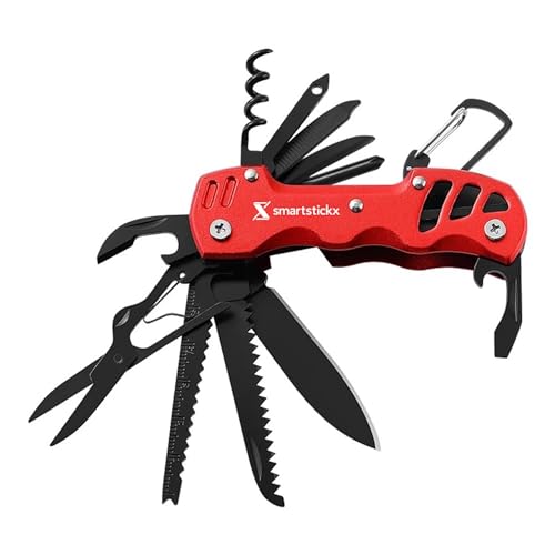 16 In 1 Multi tool Pocket Knife multitool Military Grade Steel: Swiss Style | Multi Functional Small Folding Knife with Keychain, Easy to Carry, Wine/Bottle opener , scissors , saw screwdrivers - Red - color: Red