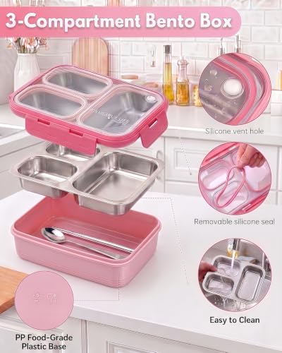Stainless steel Lunch Box, 3-Compartment Metal Bento Box with Locking Lid, 25oz 304 Food-Grade Meal Prep Container for Work Lunch, Office Commute, Outdoor Picnic - color: Pink