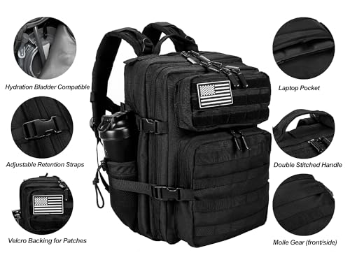 LHI Tactical Military Backpack for Men and Women 25L/35L Army Assault Pack Bag Small Rucksack with Bottle Holder - color: 2.0 35l-black, size: Medium