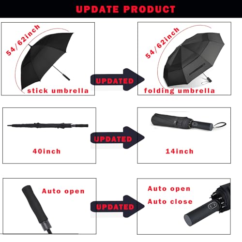 MRTLLOA Compact Golf Umbrella, 10 Ribs Vented Windproof Travel | 49/54/62 Inch Large Oversize, Double Canopy, Quick-Dry Fabric, Lightweight, Umbrellas for Rain - color: Black, size: 62 Inch
