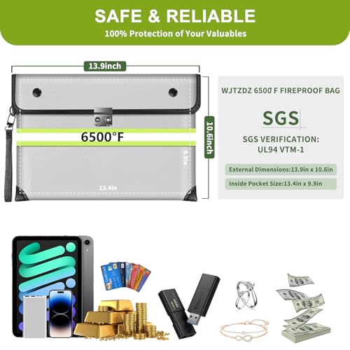2025 Upgraded Fireproof Document Bag with Lock, 6500°F Fireproof/Waterproof Money Bag with Zipper/Reflective Strip,Storage Pouch for A4 Letter Size Document,Cash,Cell Phone,Passport - color: Light Silver, size: Large Size