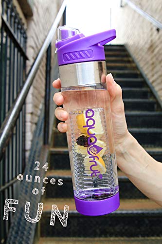 AquaFrut 24 OZ Bottom-Loading Fruit Infuser Water Bottle, BPA-Free Tritan | Unique Bottom Loading Fruit Infusion Bottle, Leakproof, Convenient Handle; Includes Bottle Brush & Free Infusion Recipe eBook - color: Purple