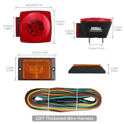Justech Submersible Square LED Trailer Light Kit, 12V Red White | IP68 Waterproof, DOT Compliant, Stop, Turn, Tail, Brake and Running Light for Boat Trailers, Trucks, RVs and Campers