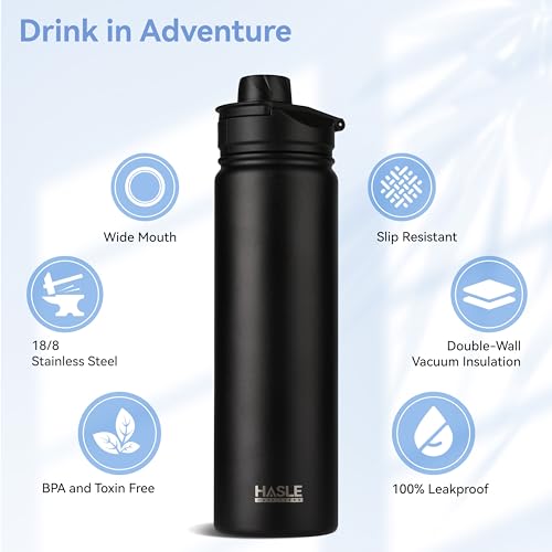 HASLE OUTFITTERS Insulated Water Bottle 22 oz Double Wall Stainless Steel Water Bottle Wide Mouth with Straw Lid & Spout Lid Keeps Cold or Hot(Black,4) - color: Black, size: 22oz- 4 Pack