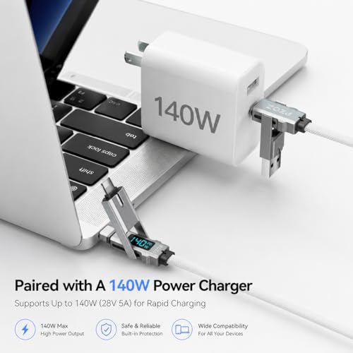 pzoz 4-in-1 Multi Charging Cable with LED Display, One Cable for USB-C & Lightning Devices, 140W Fast Charging Cord, USB A/C to USB C/Lightning for iPhone 17/16/15, iPad, MacBook, Samsung (5 ft) - style: 140W