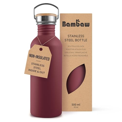 Bambaw 16 oz Water Bottle Non-insulated, Metal Water Bottle Red, Single Walled Stainless Steel Water Bottle, Leak Proof Water Bottle for School, BPA Free Water Bottle no Straw – Red Berry - color: Red Berry, size: 16 oz