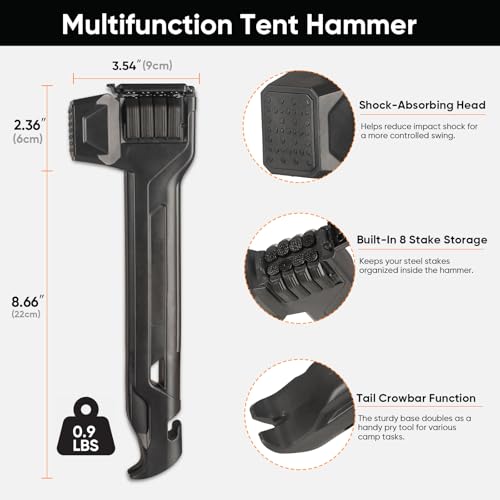 Northroad Tent Stake Hammer with 8 Pack Tent Stakes,Black Lightweight Camping Mallet with Nail Puller & Bottle Opener,Heavy Duty Tent Peg Hammer for Camping&Hiking - color: Black