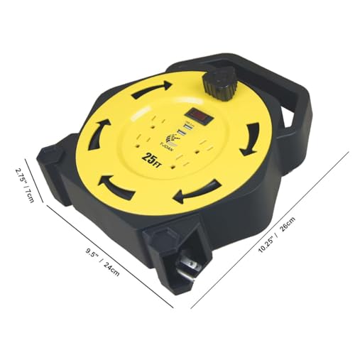 Retractable Extension Cord Reel with 25 FT Power Cord,16/3 AWG, 4 Grounded Outlets,2 USB 3.4A,13 Amp Circuit Breaker,UL Listed Yellow CR034