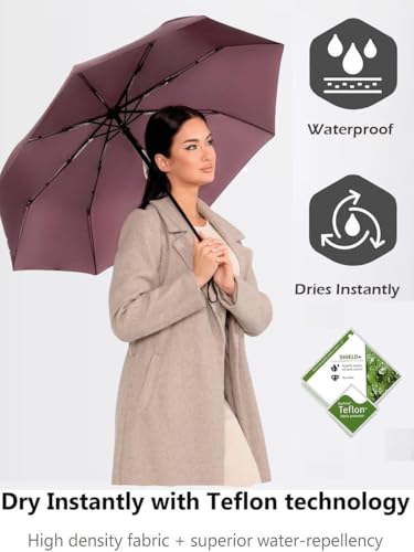 Windproof Travel Umbrella - Compact, Light, Full Automatic Open/Close - Folding Backpack Umbrella for Rain & Sun UV Preotection For Men & Women, Unbreakable 8 Fiberglass Ribs UK Design - color: Pecan