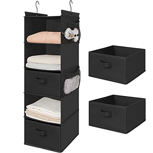 MAX Houser 5-Shelf Hanging Closet Organizer with 2 Drawers, Black-D2 | Foldable Fabric Hanging Shelves for Closet, Cloth Hanging Shelves with 2 sturdy hanging hooks, Small Space Saver - color: Black-d2