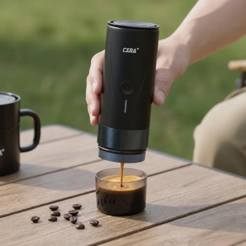 CERA+ PCM04A Portable Espresso Maker with 51mm Professional Basket | Self-Heating Electric Espresso Machine for Ground Coffee, 20 Bar Extraction for Camping, Hiking & Office (Not for NS Pods)